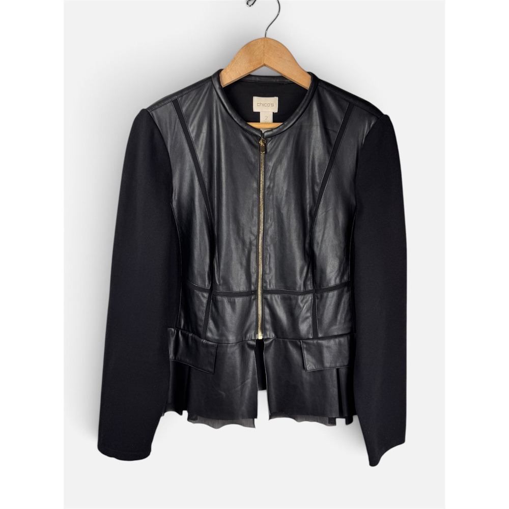 Chico's Faux Leather Jacket Women 2 12/Large Black Mixed Media Peplum Zip Front